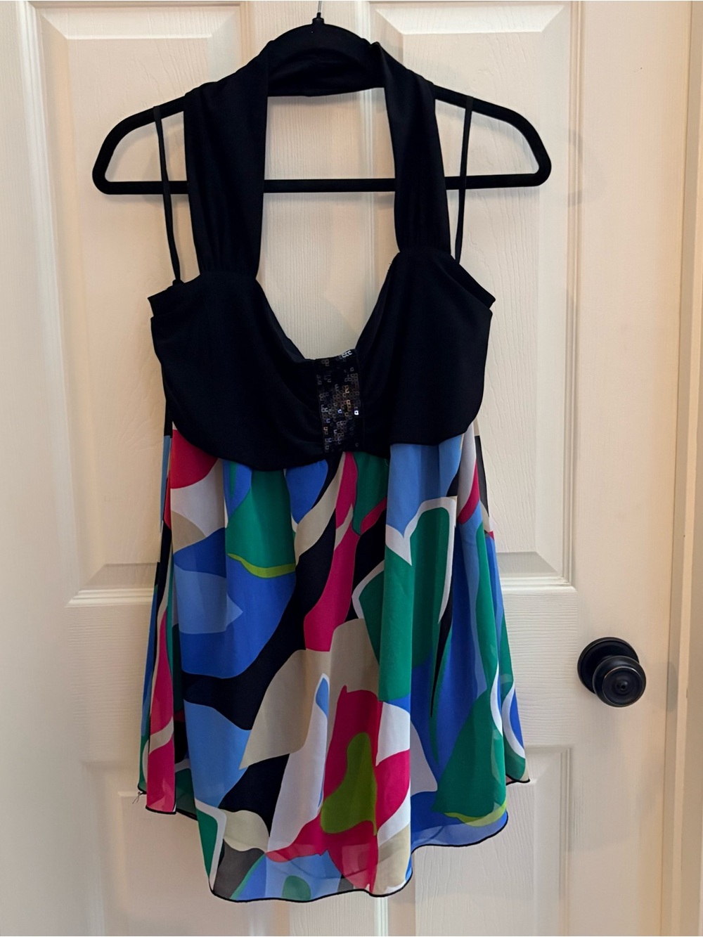Venezia Fit and Flare Black Halter Top, Multicolor Abstract Chiffon Body 18/20